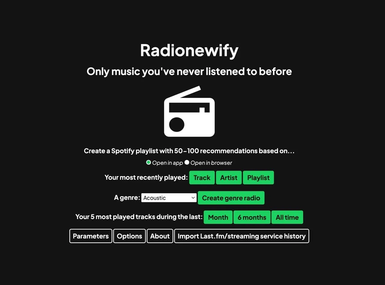 Radionewify 只选择你没听过的音乐，产生真正随机 Spotify 播放清单