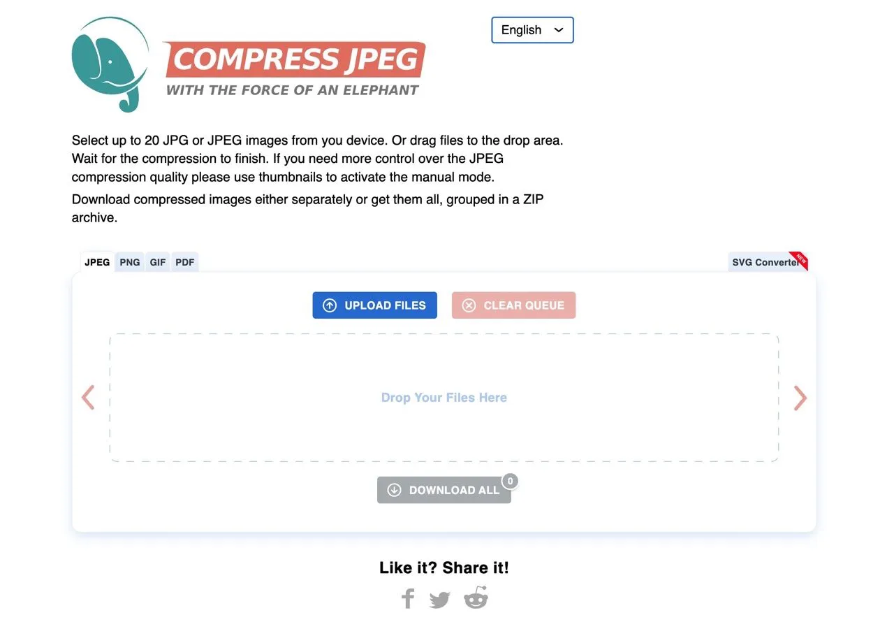 Compress JPEG 免费图片压缩服务，支持四种格式单次可处理 20 张