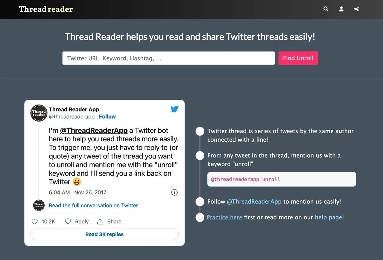 Thread Reader App 将 Twitter 推文串合併、转为单一页面更好阅读