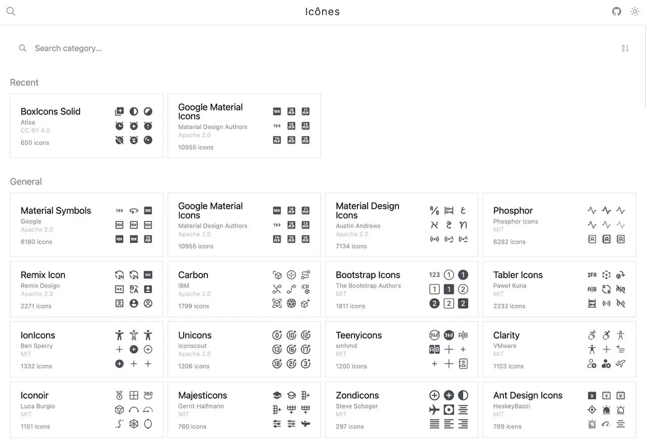 Icones 开源免费图示目录，可下载超过 118 套图示集、14 万个图案